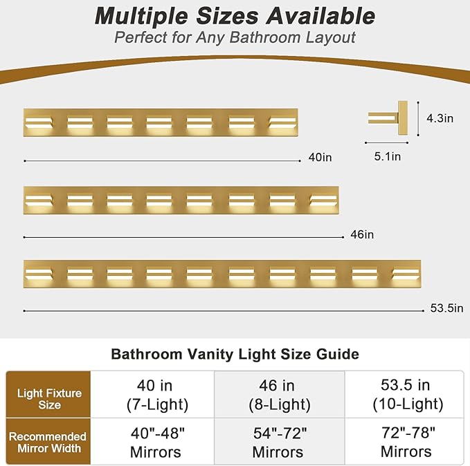IZORRO LED Modern Bathroom Lights Fixtures(10-Light,Dimmable),Gold Acrylic Wall Lighting,Vanity Lights for Bathroom Over Mirror - 6000k 46In （No Assembly Required）