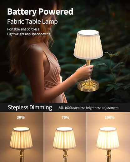 KDG Cordless Portables Table Lamp Set of 2, LED Fabric Shade Small Desk Lamps, 5000mAh Battery Powered Lighting, 2700K Stepless Dimmable Light for Living Room, Dining Room, Bedroom, Bedside (Gold)