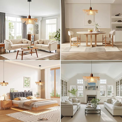 Amber Glass Pendant Light Vintage Kitchen Island Over Hanging Lights 13-inch Glass Shade Natural Wood Chandelier for Living Room Dining Room Bedroom, 1-Light