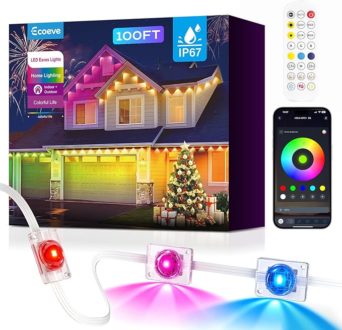 Permanent Outdoor Lights for House,100ft RGB+IC Lights with 16 Million Colors & 50 Scene Modes, App/Remote Control, IP67 Waterproof, DIY Music Sync, for Christmas, Holiday & Party Decor