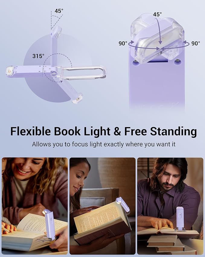 DEWENWILS USB Rechargeable Book Light for Reading in Bed, Clip-on LED Reading Lamps Portable Bookmark Lights for Kids, Book Lovers, Warm White, Brightness Adjustable for Eye Protection (Purple)