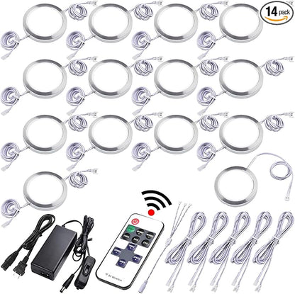 Under Cabinet Lighting Kit, Curio Display Case Lighting, Dimmable Wireless RF Remote Control, Linkable Wired LED Puck Lights, AC120V to DC12V, Hardwired or Wall Plug, Daylight, 14 Lights