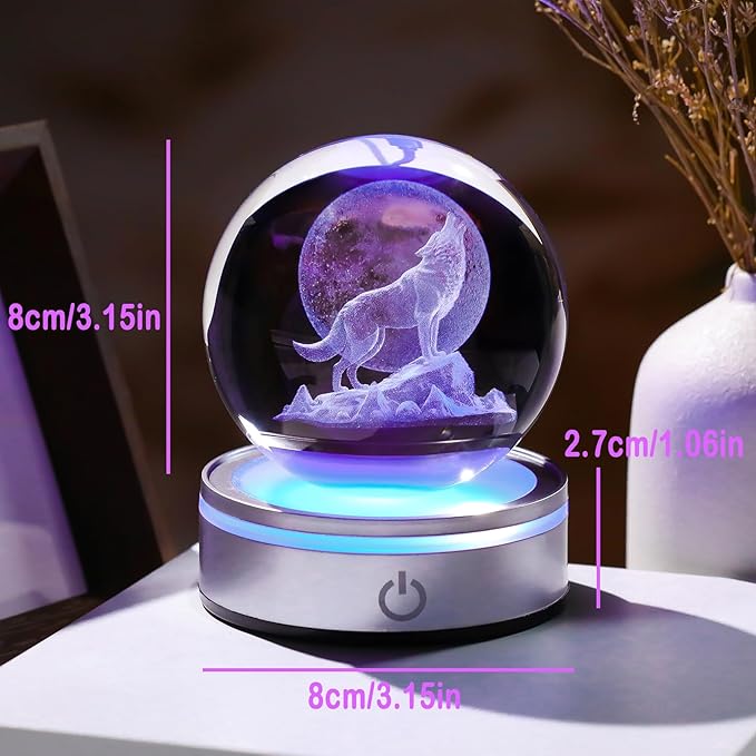 Arikyrist Crystal 3D Wolf 3.15in Ball Figurine Gifts for Men, Collectible Glass Animal Art Sphere for Room with LED Light Base Keepsakes for Wolves Lovers Home Decor Paperweight