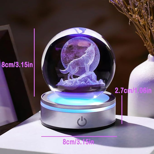 Arikyrist Crystal 3D Wolf 3.15in Ball Figurine Gifts for Men, Collectible Glass Animal Art Sphere for Room with LED Light Base Keepsakes for Wolves Lovers Home Decor Paperweight