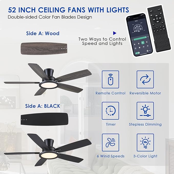 BYKISTOK Flush Mount Ceiling Fan with RGB Light - 52In Black Ceiling Fan Light with Reversible Mute Motor, LED 3CCT Dimmable, Low Profile Modern Ceiling Fans for Indoor, Party, Covered Outdoor