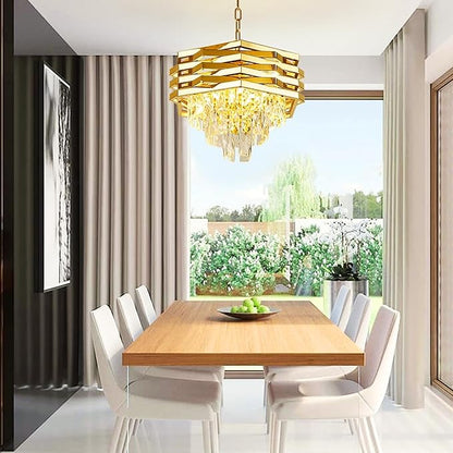 Depuley 16" Gold Crystal Chandelier: 5-Light Hanging Ceiling Light Fixture 3-Tier Flush Mount Chandelier Pendant Light for Dining Room Living Room Foyer Kitchen Island Included Bulbs
