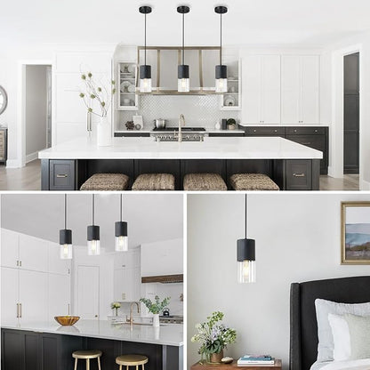 Black Pendant Light Fixtures, Adjustable Modern Pendant Lights for Kitchen Island, Industrial Clear Glass Pendant Lights for Dining Table Hallway Bedroom Living Room, 1 Pack