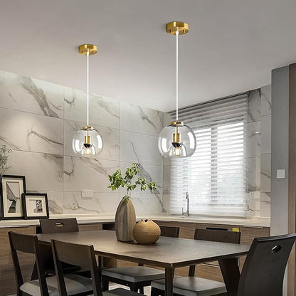 Clear Glass Pendant Lights Kitchen Island 2 Pack 7.87" Glass Globe Pendant Light Gold Hanging Light Fixture Modern Pendant Lighting for Kitchen Island Bedroom Dining Room