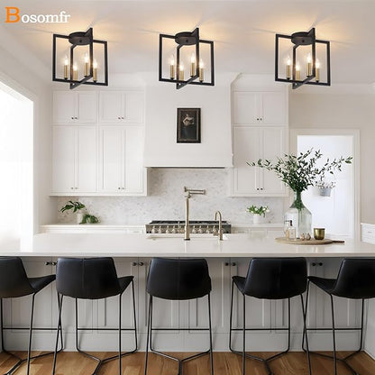 Modern Farmhouse 4-Light Black and Gold Ceiling Light Fixture, Industrial Close to Ceiling Light with Geometric Metal Shade, Perfect for Kitchen, Hallway, Bathroom