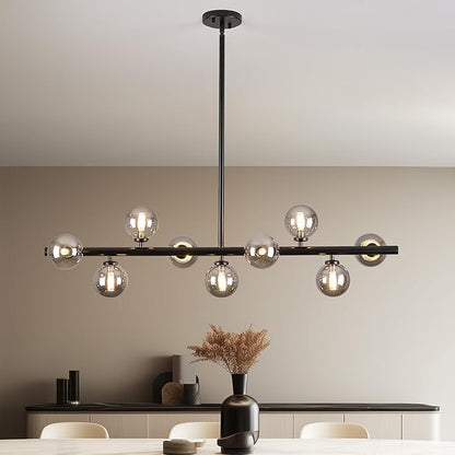 Mid Century Modern Globe Sputnik Chandelier, 9-Light Linear Chandeliers for Dining Room and Kitchen Island, Dining Light Fixture Over Table, Black and Smoke Grey Glass Bubble, 40 Inch