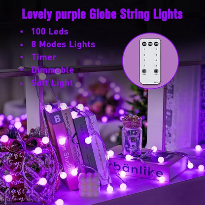 JMEXSUSS Purple Christmas Lights Indoor, Connectable 100 LED Globe String Lights Plug in with Remote, 33 ft 8 Modes Purple String Lights Outdoor for Bedroom Room Party Christmas Decor