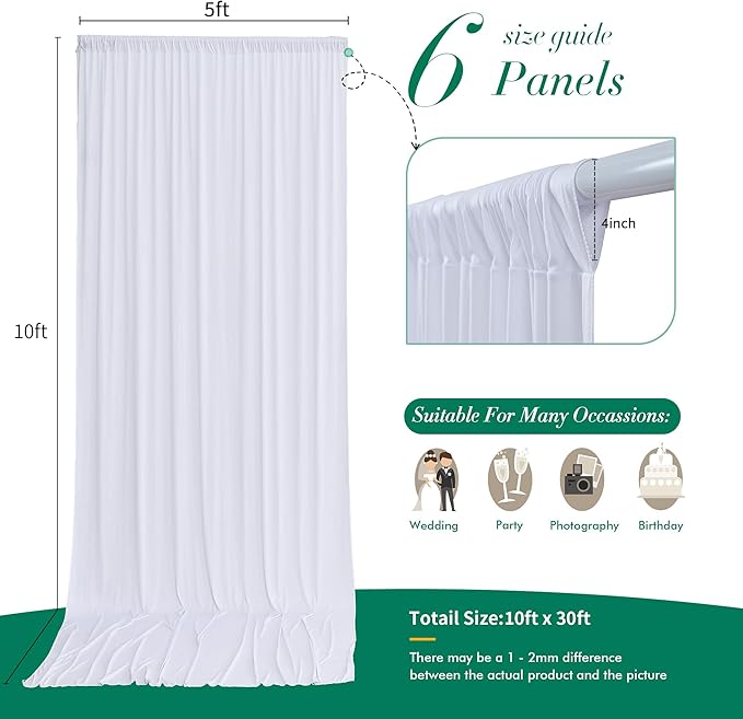 30 ft x 10 ft Wrinkle Free White Backdrop Curtain for Wedding Parties, Polyester Photo Backdrop Drapes for Baby Shower Birthday Party Backdrop Stand, Bulk Thick Background Curtains, 5x10FT 6 Panels