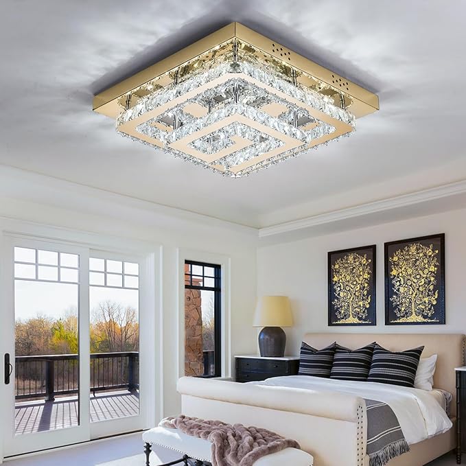 25" Crystal Gold Chandelier with Remote/App Control, 3 Color Temperature Light Fixture & Brightness Adjustable, Modern Flush Mount LED Ceiling Light Fixture for Living Room Kitchen Hallway Dining Room