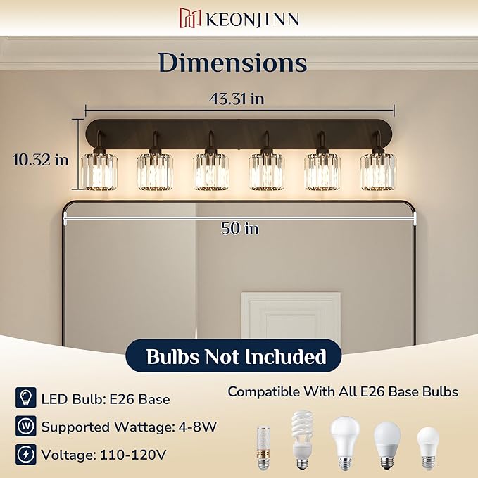 Keonjinn 6-Light Bathroom Light Fixtures, Crystal Black Bathroom Vanity Lights Over Mirror, Vanity Lighting Fixtures with Crystal Square Shades (E26 Socket, Exclude Bulb)