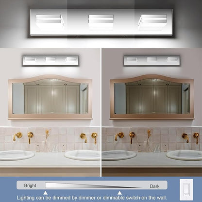 SineRise LED Modern Bathroom Vanity Light Fixtures (3-Light, 24-Inch, Dimmable), Chrome Modern Acrylic Bathroom Wall Lighting Fixtures Over Mirror (Cool White 6000K)