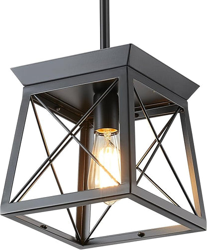 Black Farmhouse Pendant Lights, Industrial Kitchen Island Lighting, Rectangle Linear Cage Chandeliers for Kitchen, Dining Room Table