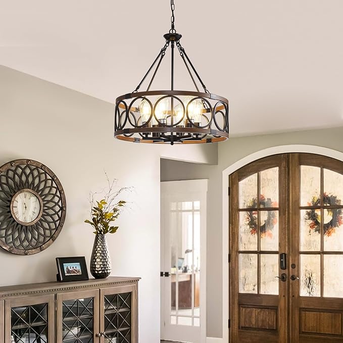 21'' Farmhouse Chandelier, 6-Light Walnut Wood Grain Dining Room Light Fixture Over Table, Rustic Industrial Drum Hanging Pendant Lights Fixture for Kitchen Island Bedroom Hallway Foyer Entryway