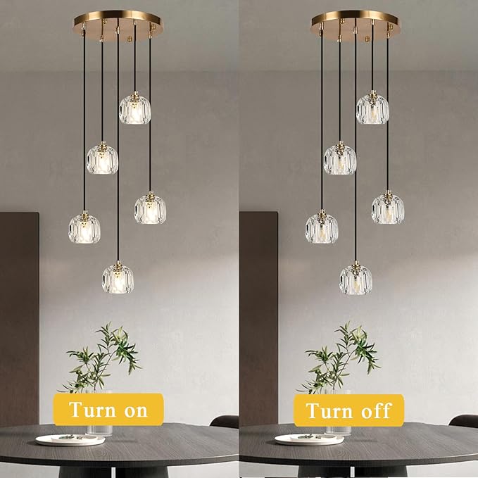 Modern Dining Room Chandelier, Round Crystal Ceiling Pendant Lighting, Brass Raindrop Hanging Lights for Kitchen Island Living Room Farmhouse
