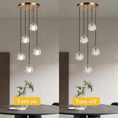 Modern Dining Room Chandelier, Round Crystal Ceiling Pendant Lighting, Brass Raindrop Hanging Lights for Kitchen Island Living Room Farmhouse