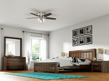 Hunter 52 inch Indoor Ceiling Fan with LED Lights - Ceiling Fan with Pull Chain, For Bedroom, Living Room, or Kitchen, Low Profile Flush Mount, No Remote, 5 Blades - Builder 53328, Brushed Nickel