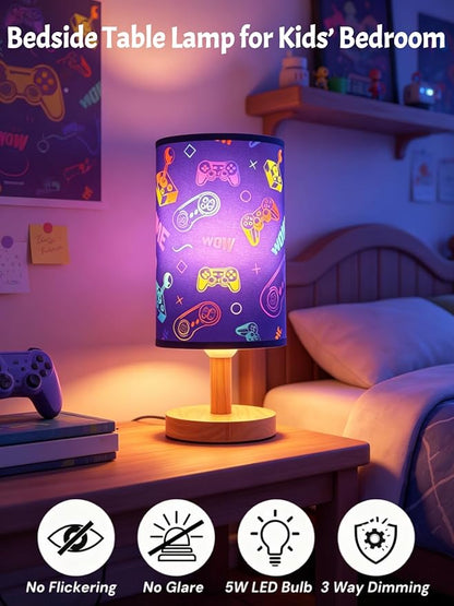 Video Game Lamp, Boy for Bedroom Reading Lamp-3-Way Dimmable Bedside Night Light with Cartoon Pattern Printed Shade and Wood Base for Kids Room,Game or Living Decor, Birthday Gifts for Boys