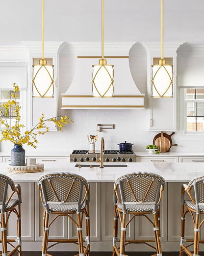 Brushed Gold Pendant Lights Kitchen Island 3 Pack, Milk Glass Kitchen Pendant Lighting Over Island with Rod, Modern Mini Hanging Light for Kitchen Sink Dining Room, CH9176BGW-3PK
