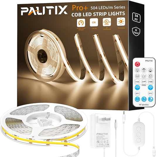 PAUTIX COB LED Strip Light 3780LEDs,Super Bright 8000Lumen 4000K Natural White 24ft,Dimmable 24V LED Tape Light with 3M Tape,RF Remote with Timer Function,48W Power Supply,for Bedroom,Home,Kitchen DIY