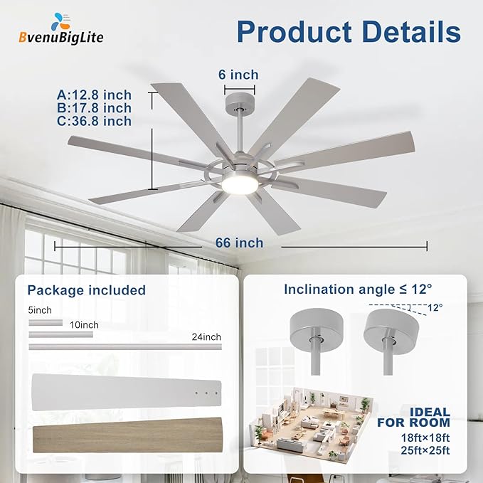 Large Ceiling Fans with Lights: Modern 66 Inch 8 Blade Outdoor Ceiling Fan with Remote APP Control - Dimmable Big Fan light Indoor Reversible 6 Speed Quiet DC Motor