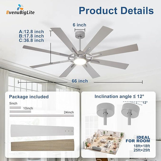 Large Ceiling Fans with Lights: Modern 66 Inch 8 Blade Outdoor Ceiling Fan with Remote APP Control - Dimmable Big Fan light Indoor Reversible 6 Speed Quiet DC Motor