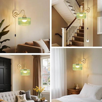 ZECOXOL Vintage Plug in Wall Sconces Dimmable Wall Sconces of Two,Wall Lamps with Plug in Cord & Flower Glass Lampshade,Gold Sconces Wall Decor Set of 2 Plug in Wall Lights Sconces for Bedroom