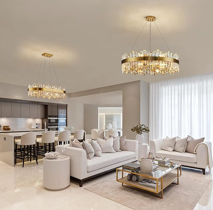 Siljoy 16-Light Modern Crystal Chandelier, Luxury Brushed Gold 2-Tiers K9 Crystal Raindrop Chandeleir, Adjustable Dimmable Crystal Ceiling Light for Dining Living Room Bedroom Entryway D31.5''
