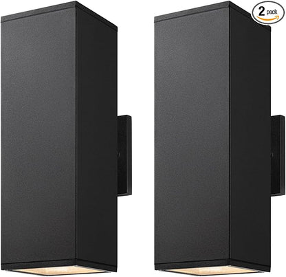 mirrea Modern Outdoor Porch Light Patio Light in 2 Lights with Aluminum Rectangular Tube and Tempered Glass Cover Waterproof Wall Sconce 2 Pack (Matte Black 14")