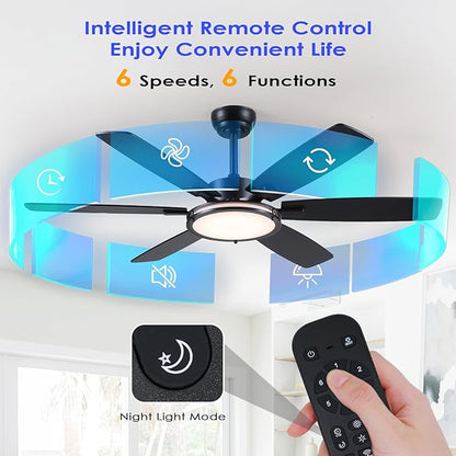 Hounberi Ceiling Fans with Lights, 52 Inch Black Ceiling Fan with Light and Remote Control, 3CCT, 6 Speeds, Quiet Reversible DC Motor, Dimmable, Ceiling Fan for Bedroom, Patio, Living Room