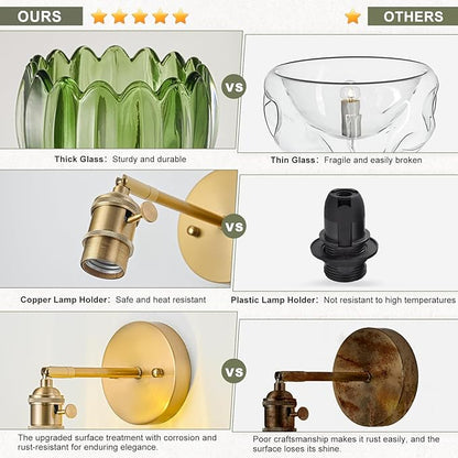 Hardwired Wall Sconce Light, Vintage Wall Sconce with Switch, Gold Wall Light Fixture with Tulip Green Glass Lampshade, Indoor Wall Light for Bedroom Bathroom, Bedside Wall Lamp