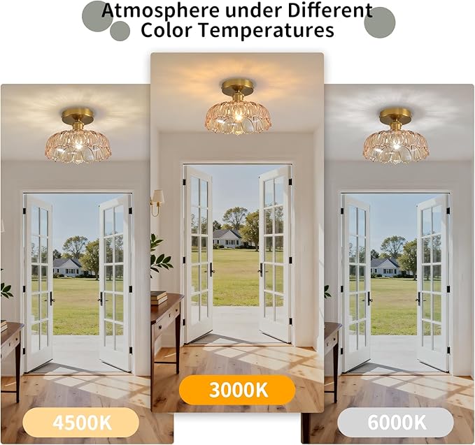 Semi Flush Mount Ceiling Light Mid Century Modern Floral Amber Glass Shade, Close to Ceiling Lighting Fixtures for Bedroom, Bathroom, Kitchen, Closet Laundry Room, Foyer and Hallway 9.45 in