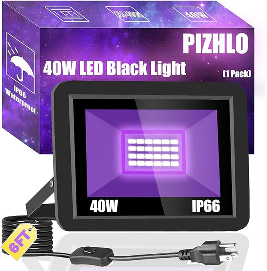 40W Black Light IP66 Waterproof Outdoor Flood Light with 6ft Cord+Plug+Switch, Blacklight Floodlight for Halloween Neon Glow in The Dark Fluorescent Poster Body Paint Bedroom 1 Pack