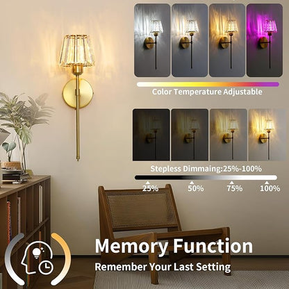Battery Operated Crystal Wall Sconce Set of 2, Gold Rechargeable Wireless Wall Sconces with Remote Dimmable 12 Colors Modes Led Wall Lights, Wall Lamp for Bedroom Living Room Hallway, 2 Bulbs Included
