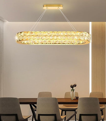32'' Modern Oval Chandelier Crystal Chandeliers for Dining Room Round Ceiling Light Fixture for Living Room Lighting LED Dimmable with Remote Ring Lights Gold