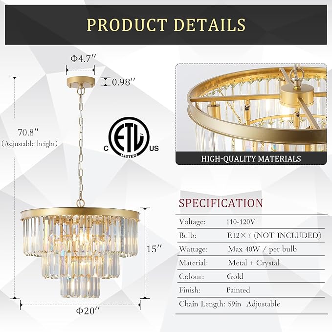 CATINER Modern Crystal Chandeliers,Gold 20” Round Chandeliers for Dining Room 3 Tiers 7 Lights Luxury K9 Crystal Ceiling Pendant Light Fixture for Foyer Bedroom Closet