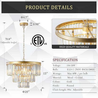 CATINER Modern Crystal Chandeliers,Gold 20” Round Chandeliers for Dining Room 3 Tiers 7 Lights Luxury K9 Crystal Ceiling Pendant Light Fixture for Foyer Bedroom Closet