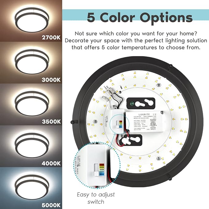 LUXRITE 12 Inch LED Flush Mount Ceiling Light, 5 Color Selectable 2700K | 3000K | 3500K | 4000K | 5000K, Dimmable, Modern Ceiling Light Fixture, 14W, 1120 Lumens, Energy Star, ETL Listed, Matte Black