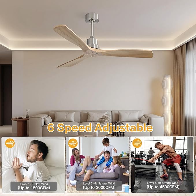 Sofucor Smart Ceiling Fan no Lights, 52" Low Profile Ceiling Fans with Remote, Compatible with Alexa/Google/App, 3-Color Light 6-Speed DC Motor Reversible Timer for Bedroom Living Room Patio Outdoor