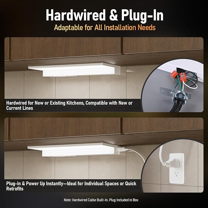 TORCHSTAR Ultra-Slim LED Under Cabinet Lighting Fits 12 Inch Cabinets, 5CCT 8W 600LM, Hardwired & Plug-in, 120V CRI90 Linkable Dimmable Thin Under Counter Lights for Kitchen, ETL T24, Pack of 4