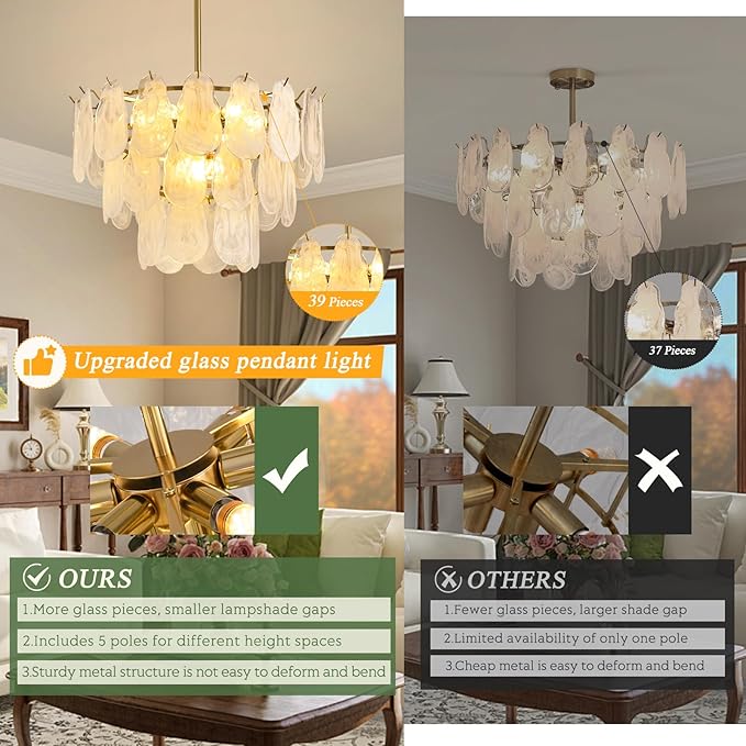 KELUOLY Modern Gold Chandelier Lighting, D23.6 Inch Creative Cloud Glass Pendant Ceiling Fixture Lamp, 3 Tier Round Crystal Glass Chandelier, 9-Light for Living Room Bedroom Dining Room (E12)
