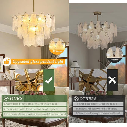 KELUOLY Modern Gold Chandelier Lighting, D23.6 Inch Creative Cloud Glass Pendant Ceiling Fixture Lamp, 3 Tier Round Crystal Glass Chandelier, 9-Light for Living Room Bedroom Dining Room (E12)