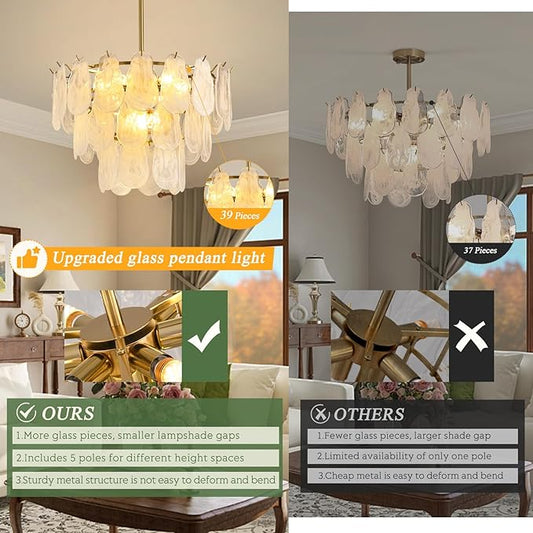 KELUOLY Modern Gold Chandelier Lighting, D23.6 Inch Creative Cloud Glass Pendant Ceiling Fixture Lamp, 3 Tier Round Crystal Glass Chandelier, 9-Light for Living Room Bedroom Dining Room (E12)