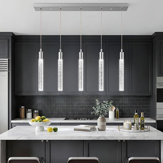 Kitchen Island Lighting Modern Light Fixture Chrome Pendant Light Dimmable LED Chrome Finish Mini Crystal Pendant Lights for Dining Room Living Room（5-Light）