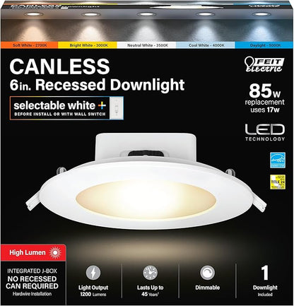 Feit Electric 6" LED Canless Recessed Downlights with Integrated Jbox, 85W Equivalent, Dimmable, 5CCT Selectable White, 90 CRI, 1200 Lumen, LEDR56HOJBX/6WYCA/4, 4 Pack