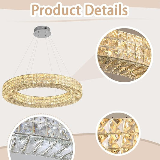 ykolupty Dia 24" Modern Crystal Chandelier Silver Ring Chandelier Adjustable Height Luxury Crystal Pendant Ceiling Light Fixture for Dining Living Room Bedroom