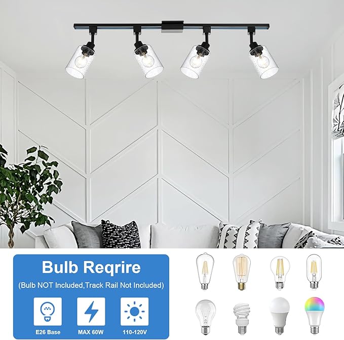4 Pack H Track Lighting Replacement Heads Black Ceiling Track Lighting Fixtures with Seeded Glass, H Type Tracking Light Heads Multi-Directional Rotating Spotlight Kitchen Island Accent Lights